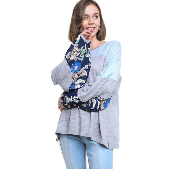 Umgee Tops - Umgee Leaf Puff Sleeve Colorblock Top, Grey